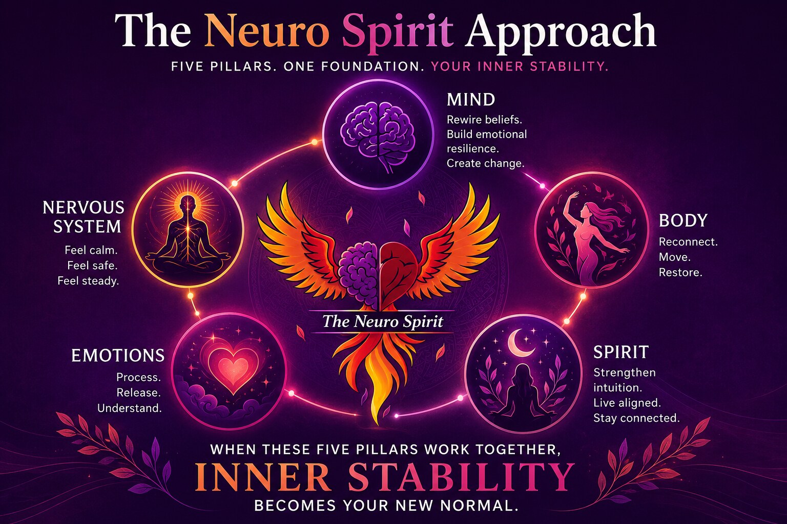 The Neuro Spirit approach: five pillars, one foundation. Mind: rewire beliefs, build emotional resilience, create change. Nervous System: feel calm, safe, and steady. Body: reconnect, move, restore. Emotions: process, release, understand. Spirit: strengthen intuition, live aligned, stay connected. When these five pillars work together, inner stability becomes your new normal.